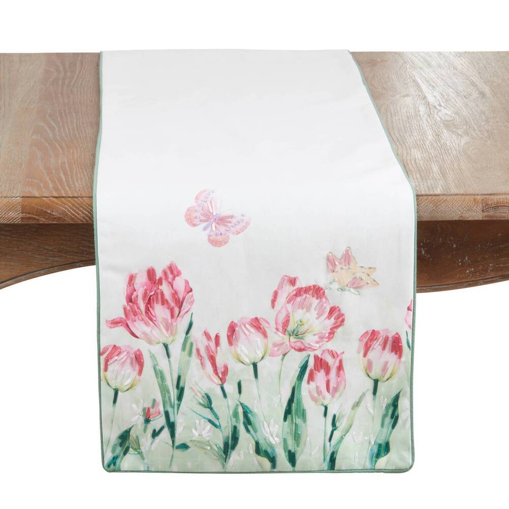 NEW SARO LIFESTYLE floral butterfly decorative table runner in white